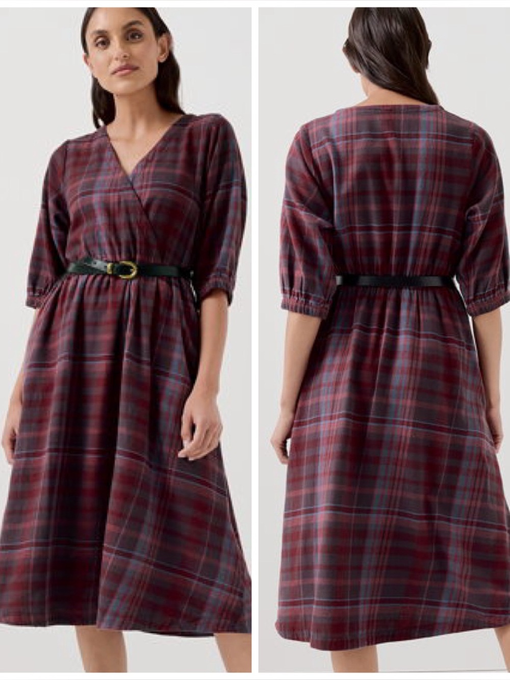 pact Fireside Organic Cotton Flannel Crossover Dress in Cranberry Red Plaid